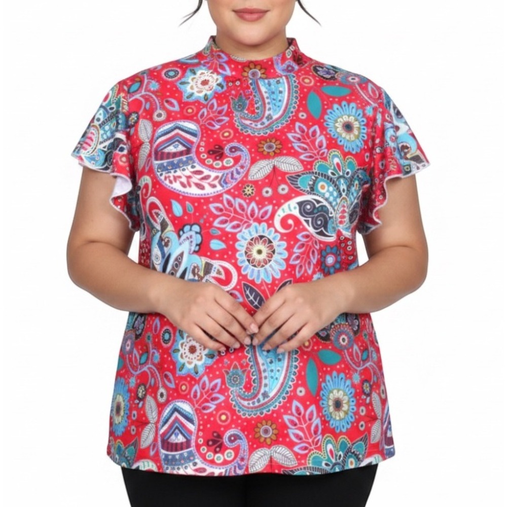 IZURIA Red/Multi PAISLEY Poly-Knit PAISLEY 2-Button FLUTTER SLEEVE Blouse/Top 1X